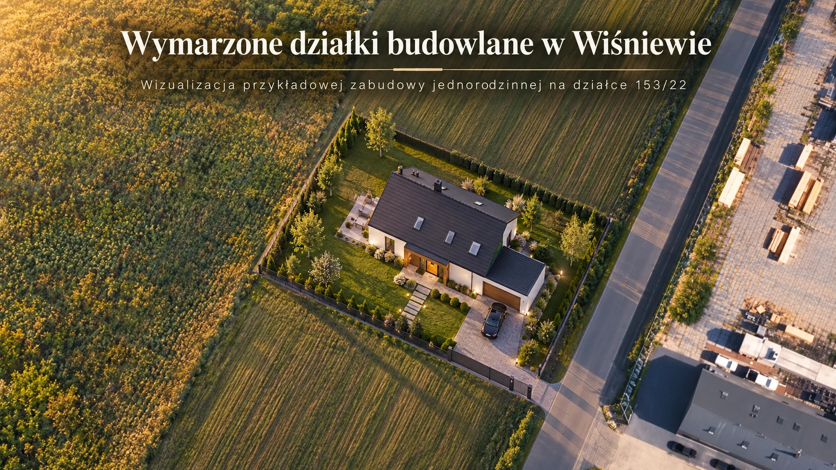 Przykładowa koncepcja domu jednorodzinnego z poddaszem i ogrodem — wizualizacja, nie fotografia faktycznej działki