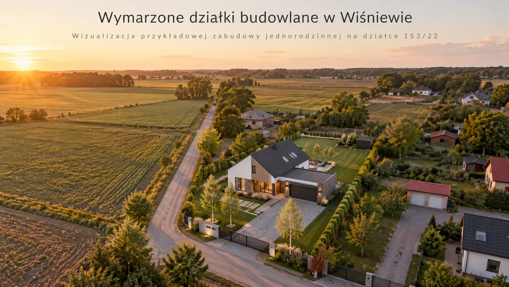 Alternatywna wizualizacja koncepcyjna domu jednorodzinnego w sąsiedztwie zabudowy i pól